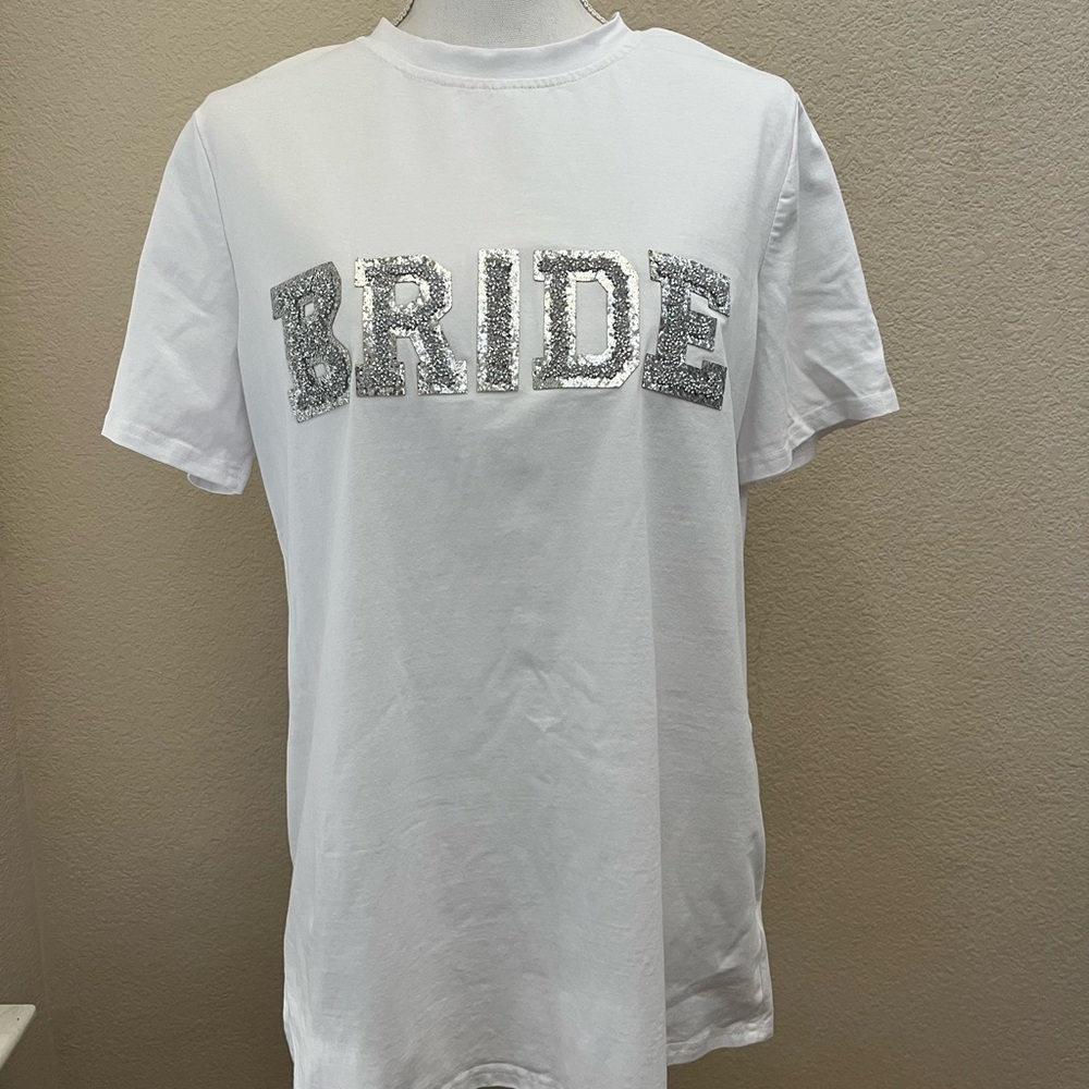 White T-Shirt with Silver Sequin 'BRIDE' Design